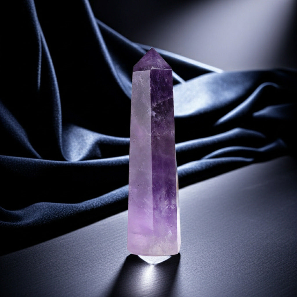 A tall, polished Uruguayan deep amethyst crystal standing on a dark surface with soft velvet folds behind it, showcasing Somna Aura’s dark, mystical, and calming aesthetic.