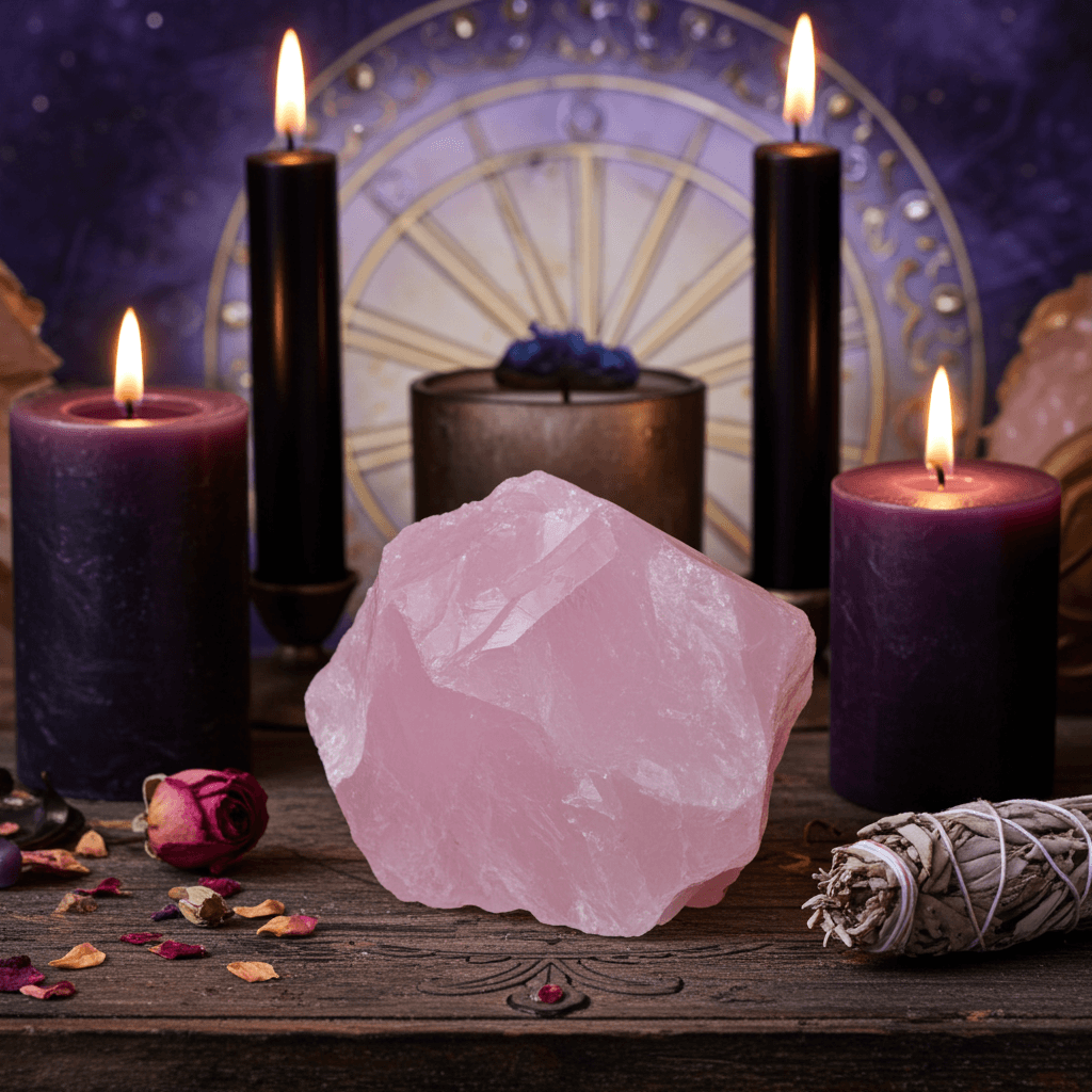 Alt Text: Raw rose quartz crystal in soft pink hues, ethically sourced by Somna Aura for love, emotional healing, and aura protection in the US market.