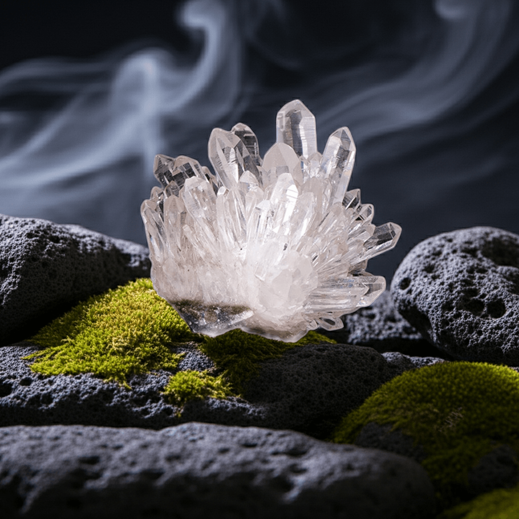 Raw clear quartz cluster, 1.6–2 in, transparent crystalline points, ethically sourced by Somna Aura for energy amplification, aura protection, and spiritual healing in the US market.